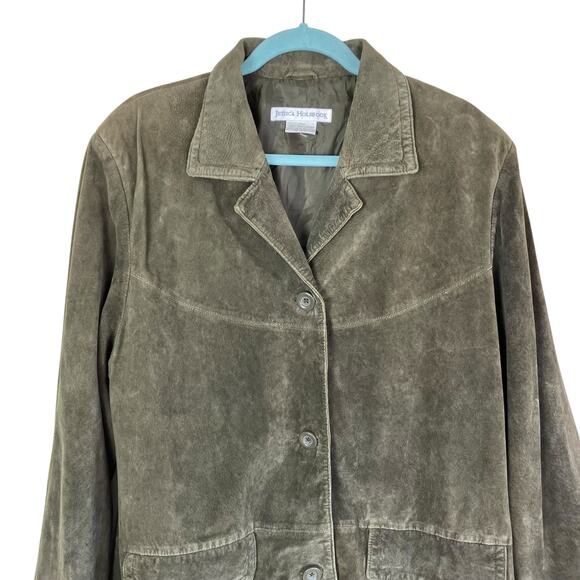 Jessica Holbrook Vintage Olive Green Thigh Length Suede Jacket Button Front - Picture 2 of 16